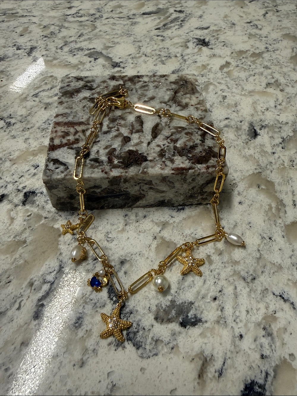 kate spade Gold Starfish & Pearl Charm Necklace with Blue Crystal Accent